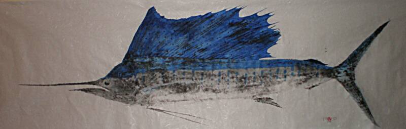 large fish artwork, Hawaiian art, asian influence, unryu, fishing. 