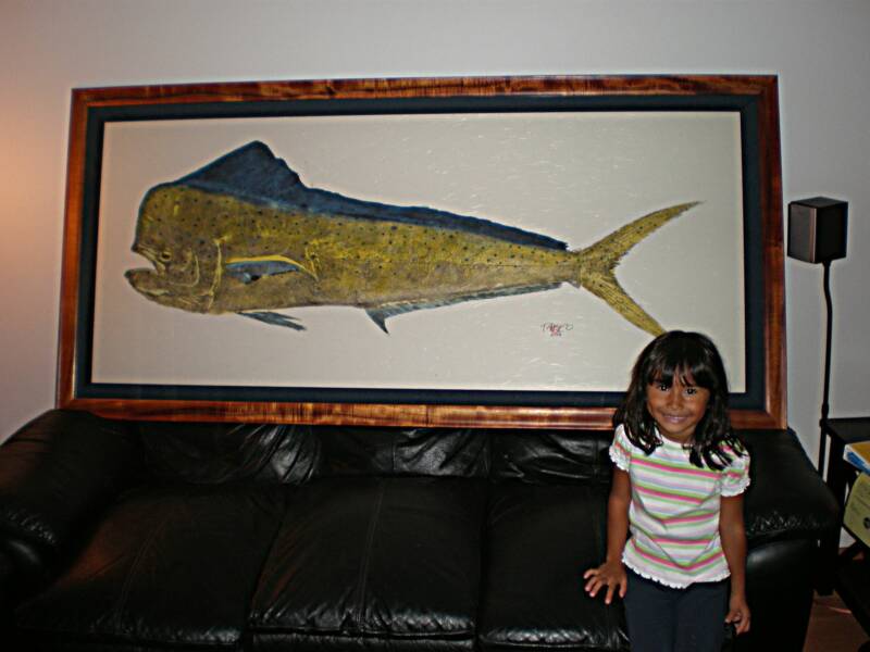 mahi mahi, koa framed art, Hawaiian, fishing, print. 